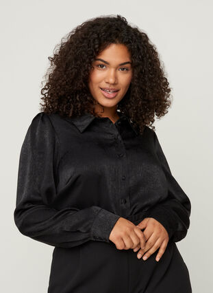 Skjorta med struktur och långa puffärmar, Black, Model image number 0