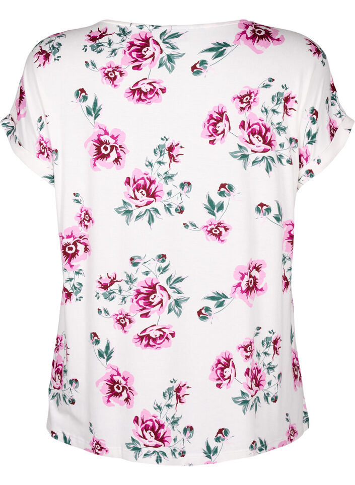 Blommig blus i viskos med kort ärm, White Pink AOP, Packshot image number 1