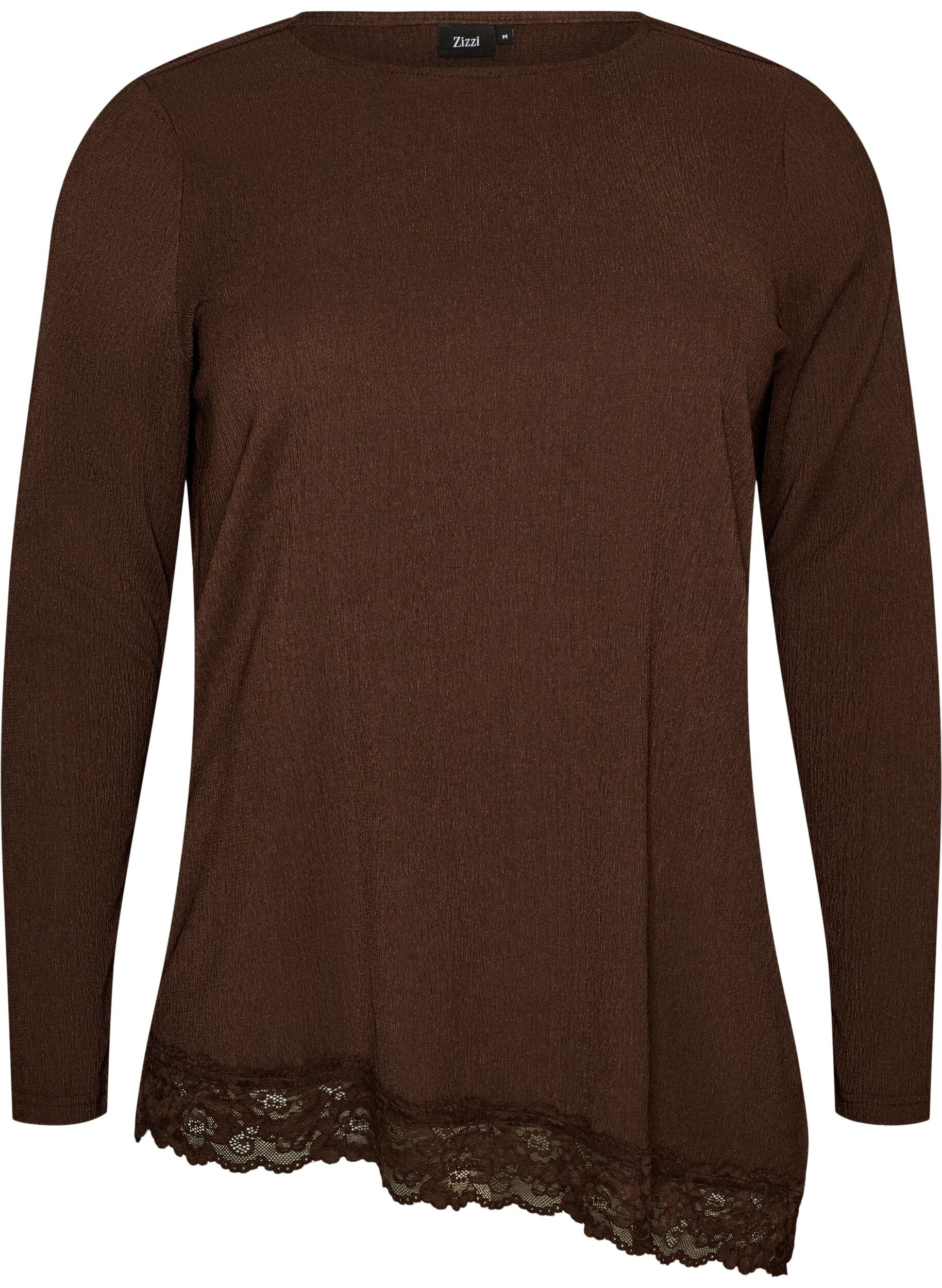 ZizziBlus i jersey med asymmetrisk spetskant, Brun, Packshot image number 0