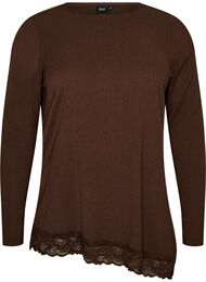 Blus i jersey med asymmetrisk spetskant, Brun