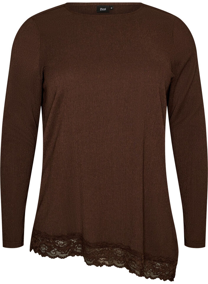 Blus i jersey med asymmetrisk spetskant, Brun, Packshot image number 0