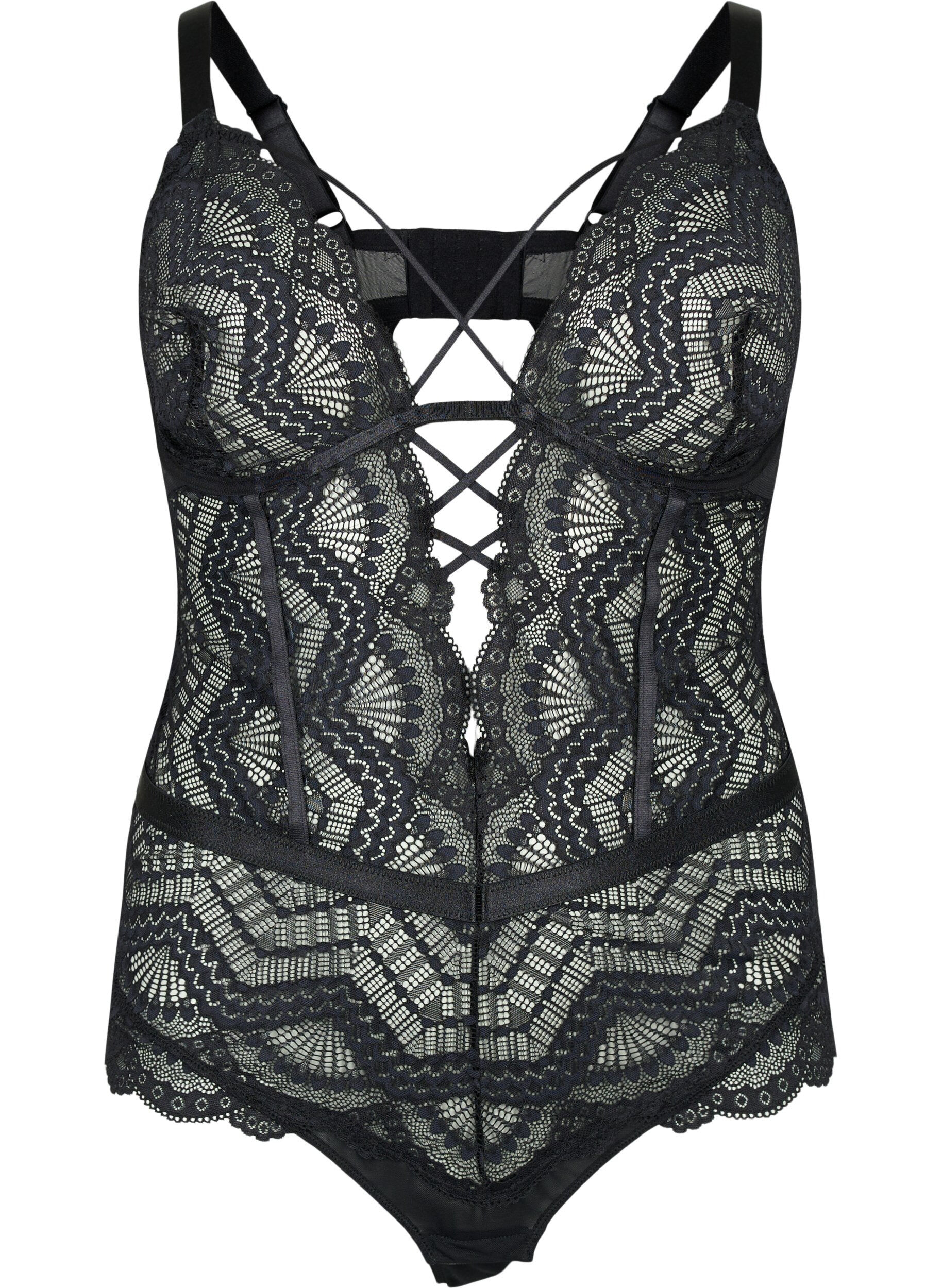 Zizzi Bodystocking i spets med snoddar, Svart, Packshot image number 0