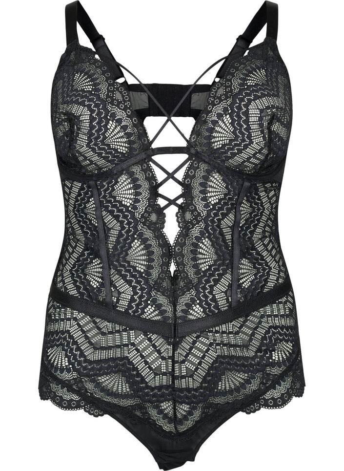 Bodystocking i spets med snoddar, Svart, Packshot image number 0