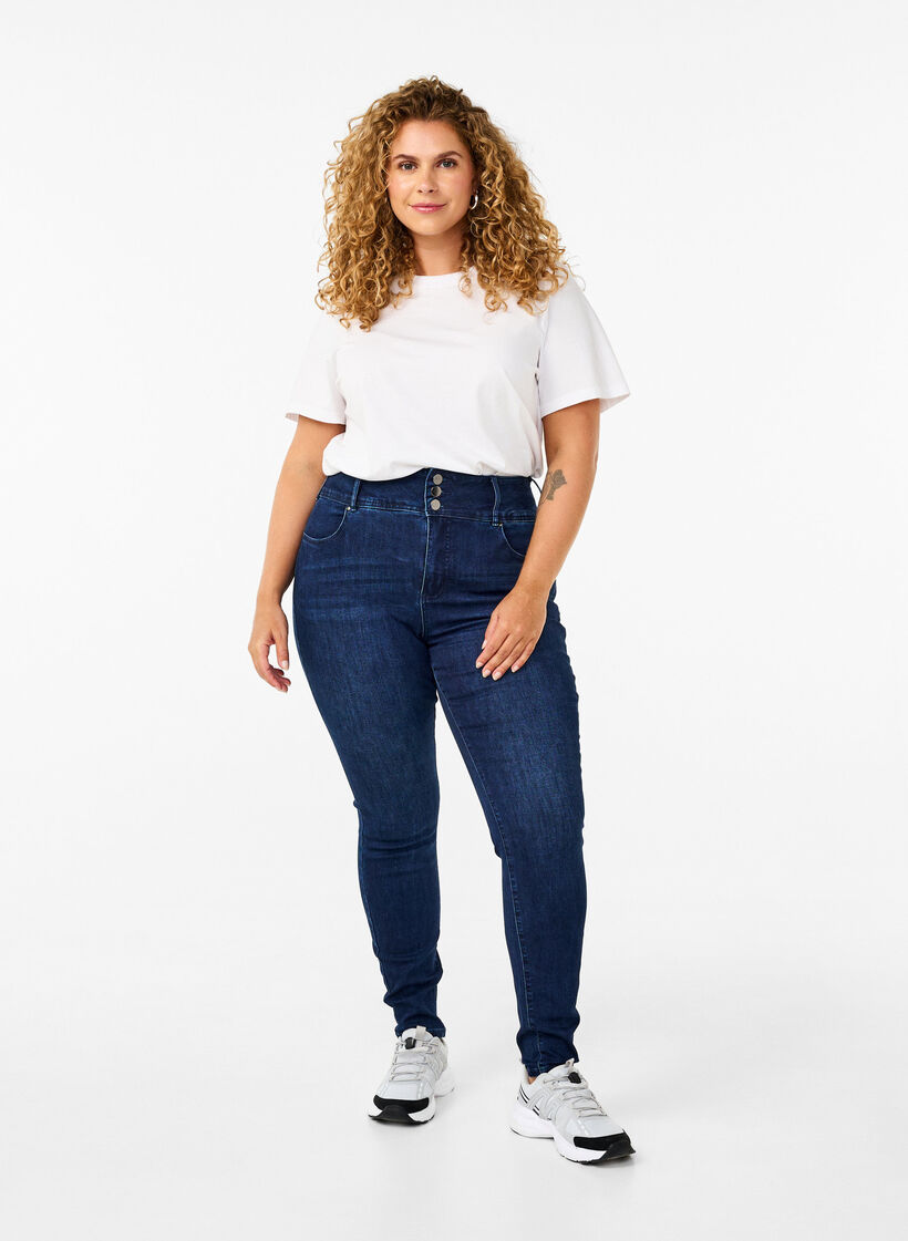 Superslimmade Bea-jeans med extra hög midja, Dark Blue, Model image number 0
