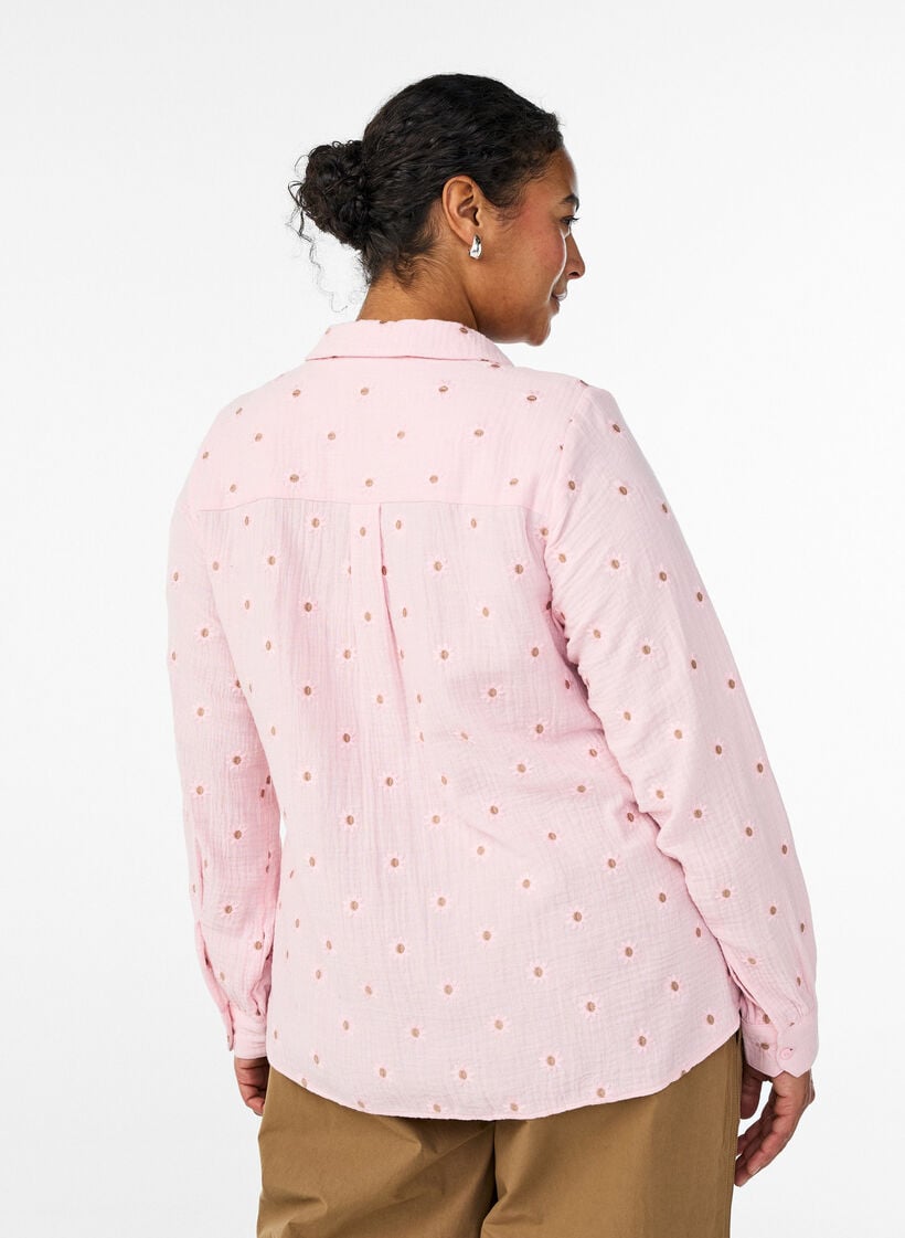 L&aring;ng&auml;rmad blus i bomullsmuslin med broderade motiv, Rosa, Model image number 2