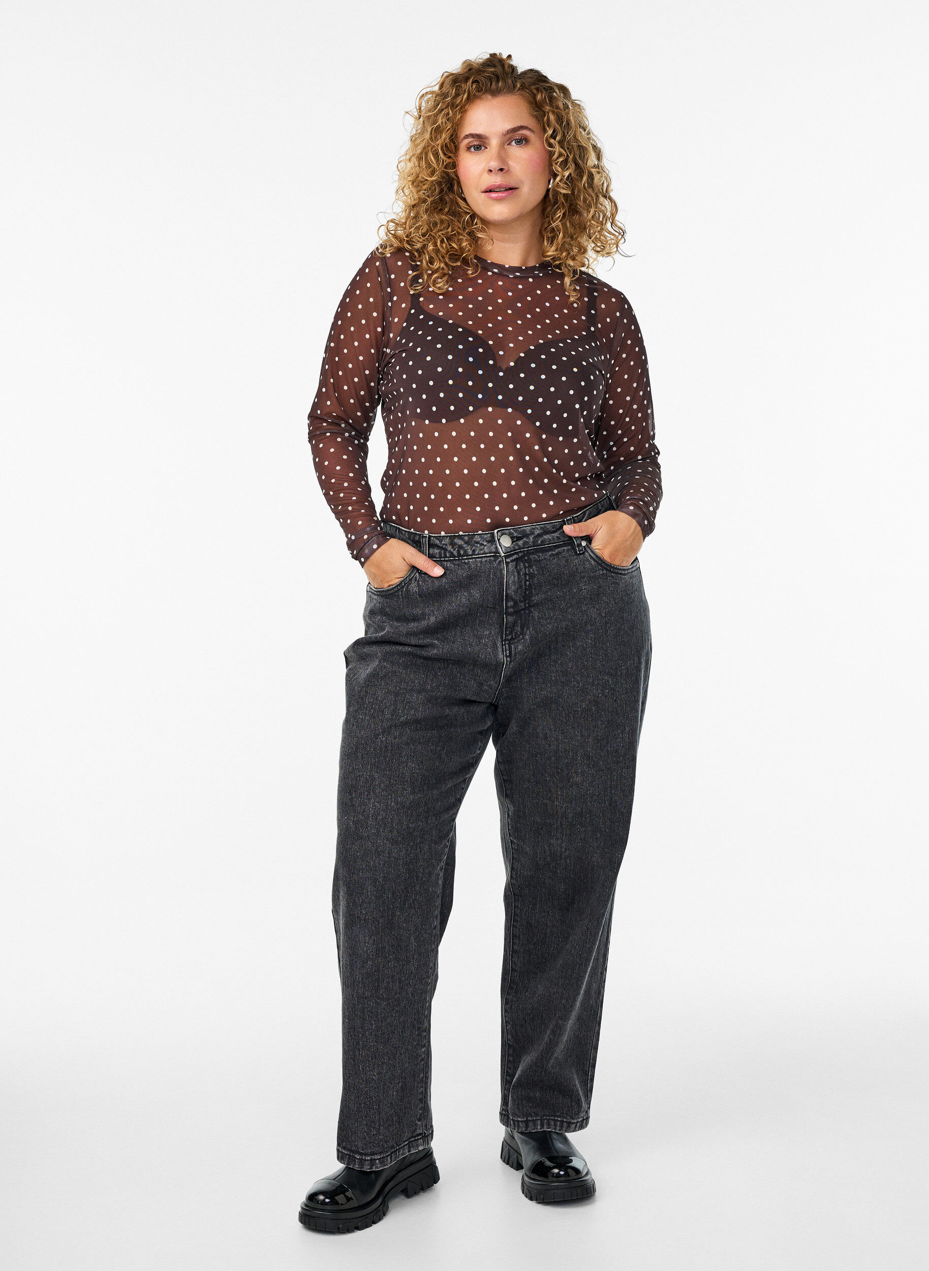 ZizziBlus i mesh med prickar, Brun, Model image number 1