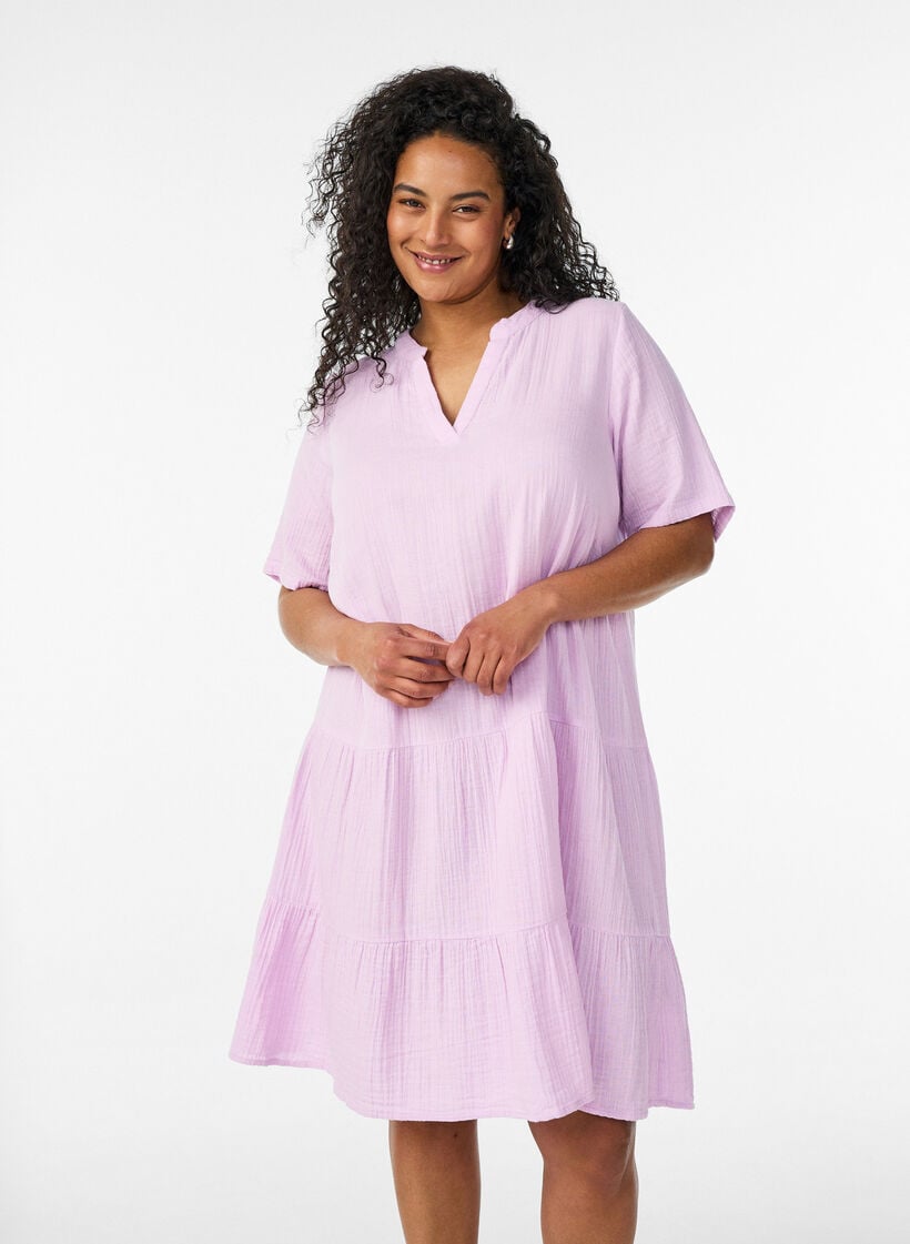Kort a-linjeformad kl&auml;nning i bomullsmuslin, Lila, Model image number 0