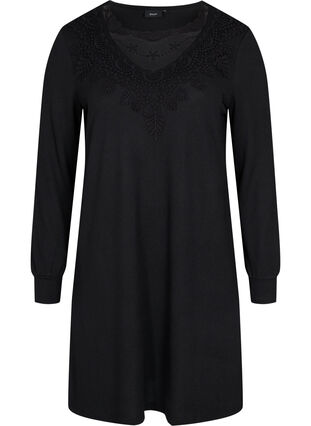 Långärmad klänning med spetsdetaljer, Black, Packshot image number 0