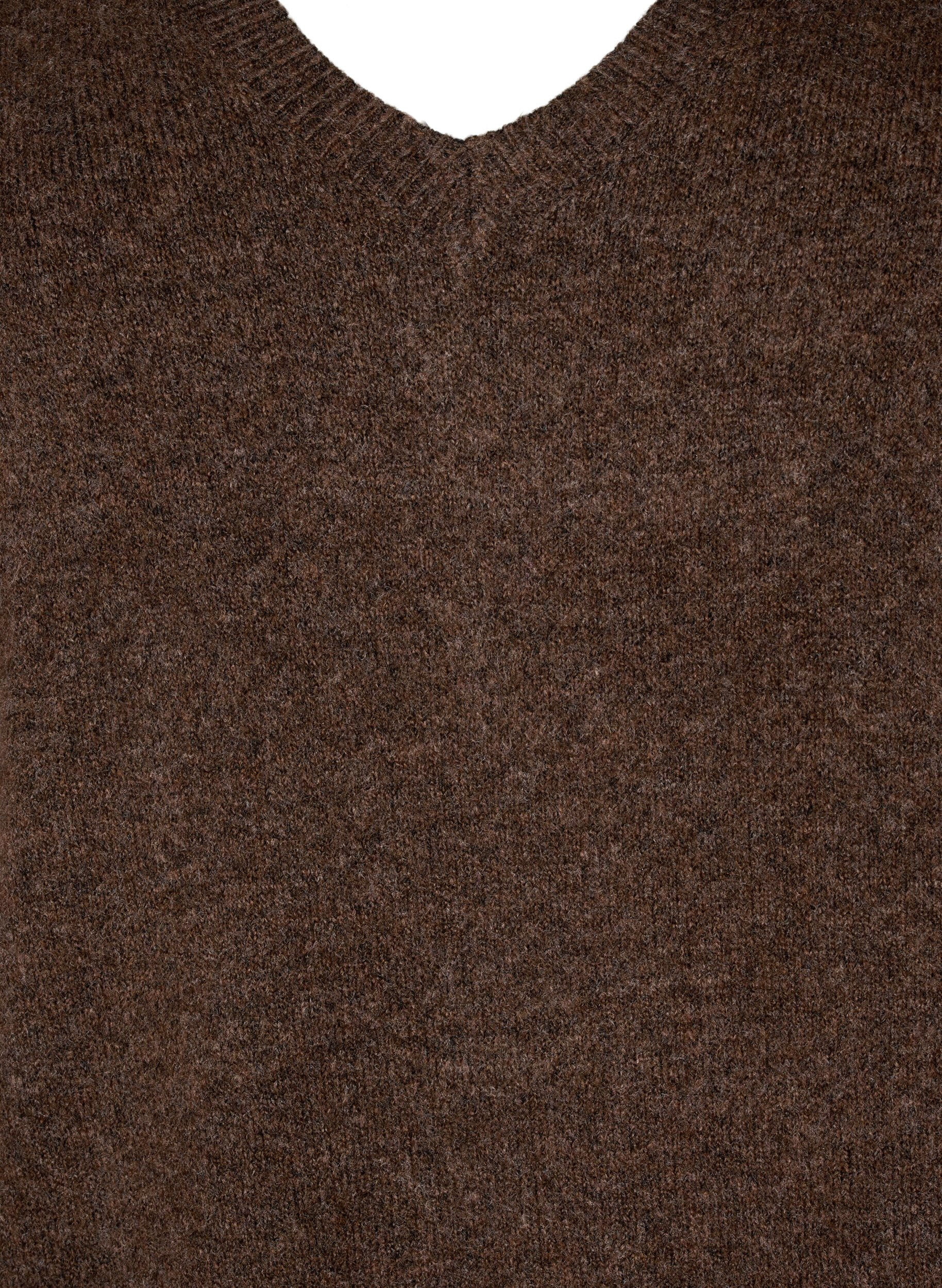 ZizziL&aring;ng&auml;rmad stickad kl&auml;nning med V-ringning, Brun, Packshot image number 2