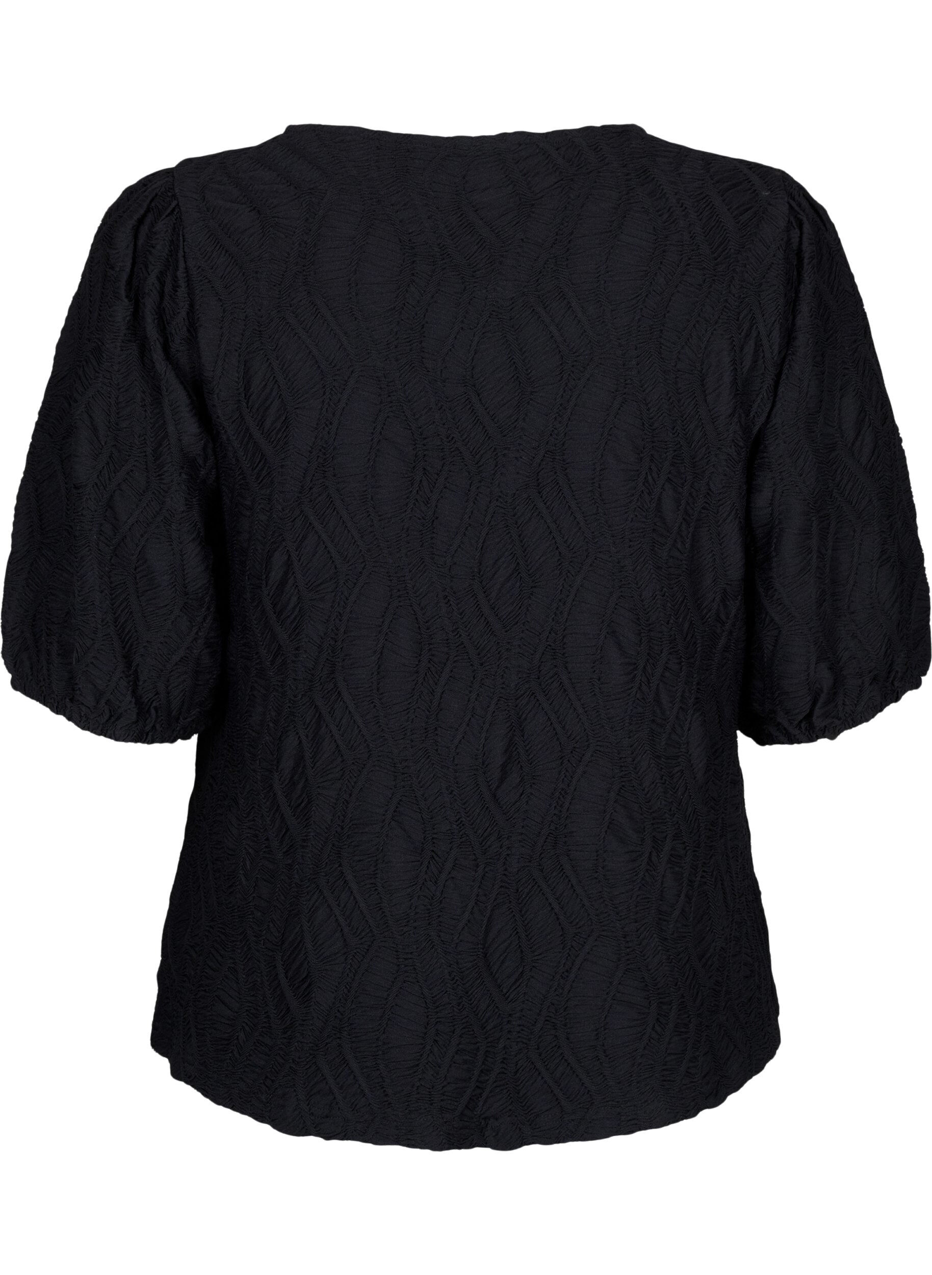 Zizzi Blus med textur och kort &auml;rm, Black, Packshot image number 1