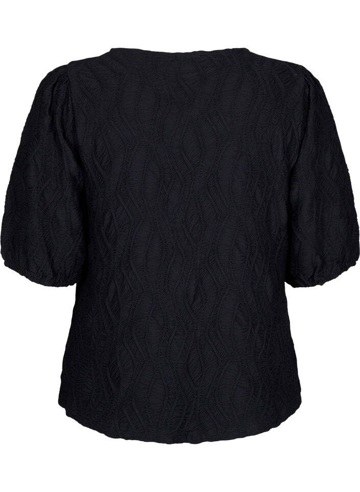 Blus med textur och kort ärm, Black, Packshot image number 1