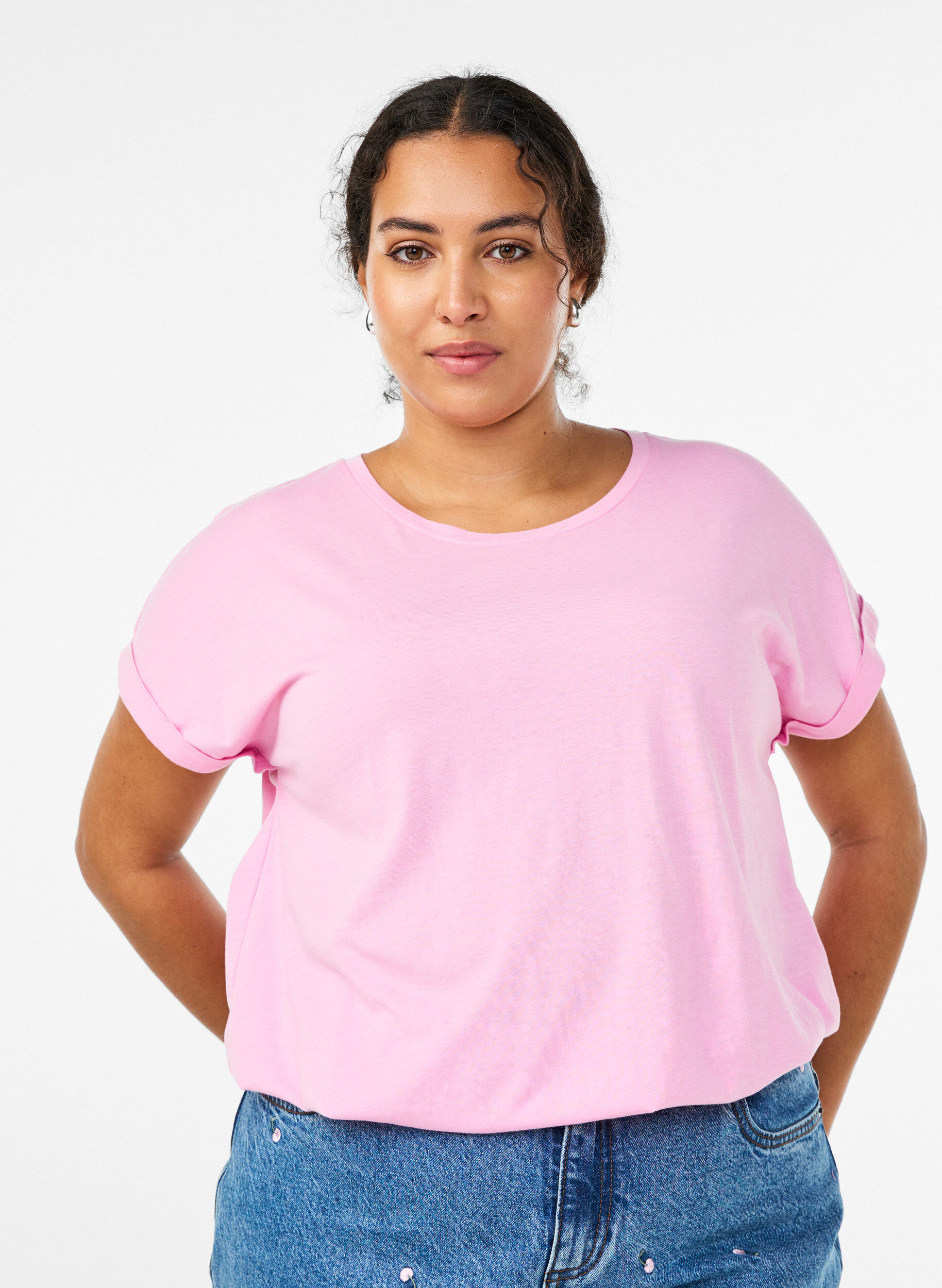 Zizzi 2-pack kort&auml;rmade t-shirtar, Rosa, Model image number 0