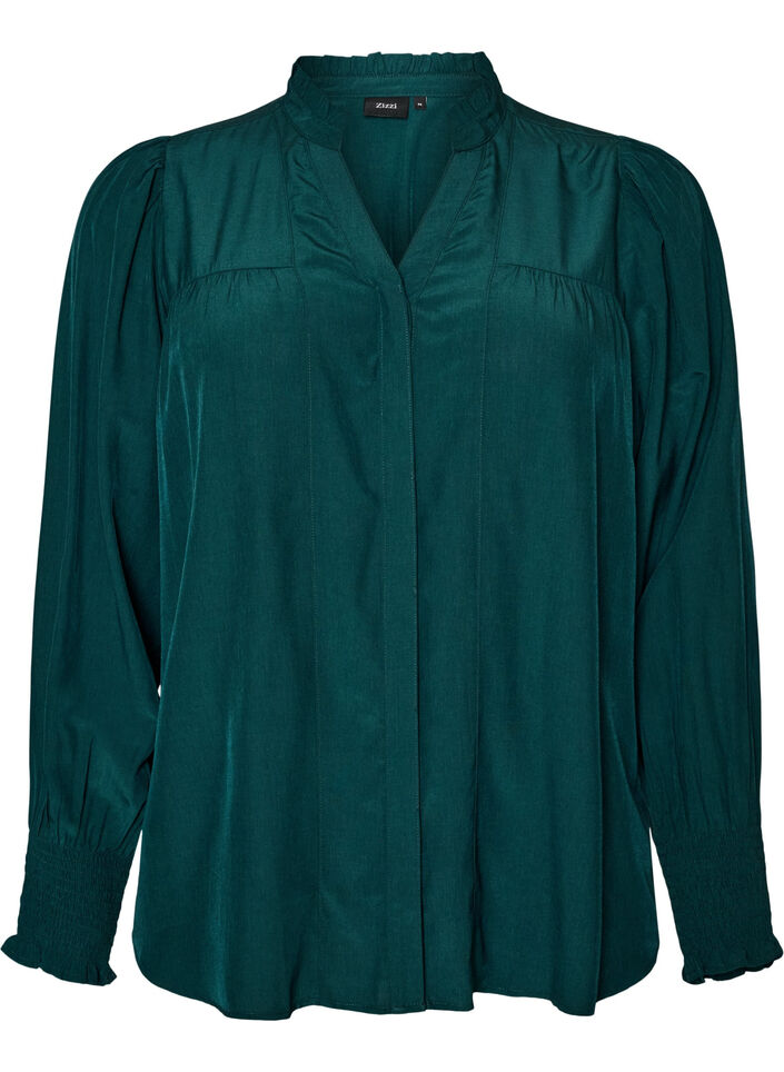 Blus med volangkrage och rynkning, Gr&ouml;n, Packshot image number 0