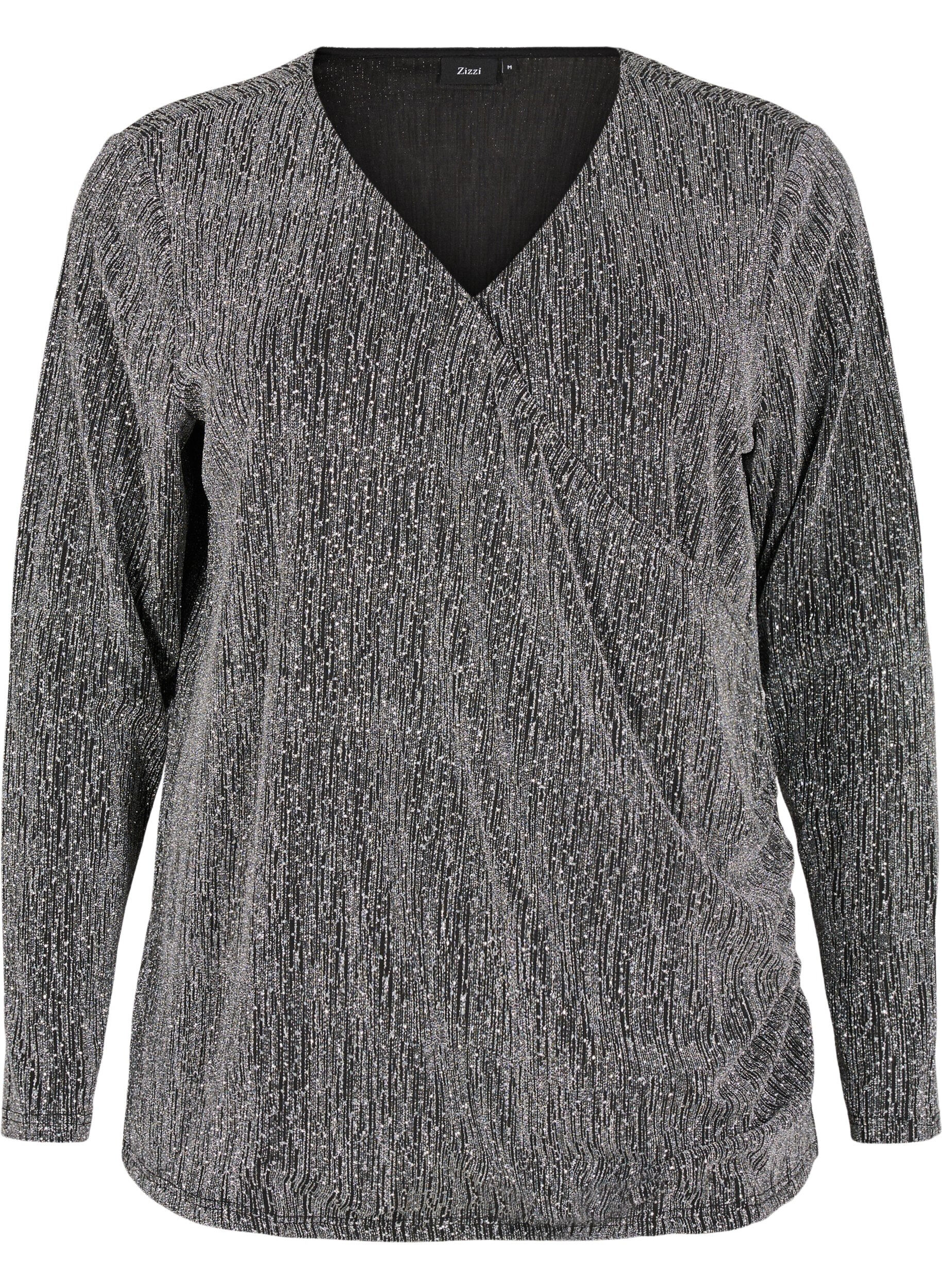 Zizzi Glittrig partytopp med omlott-look, Svart, Packshot image number 0