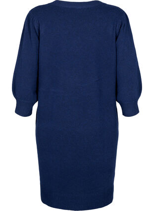 Stickad klänning med trekvarts puffärmar, N. Blazer/Black Mel., Packshot image number 1