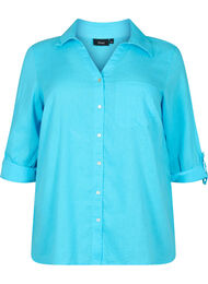 Skjortblus med knäppning i en blandning av bomull och linne, Blue Atoll