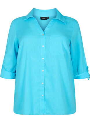 Skjortblus med knäppning i en blandning av bomull och linne, Blue Atoll, Packshot image number 0