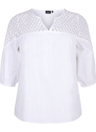 Blus i bomullsblandning med linne och virkade detaljer, Bright White