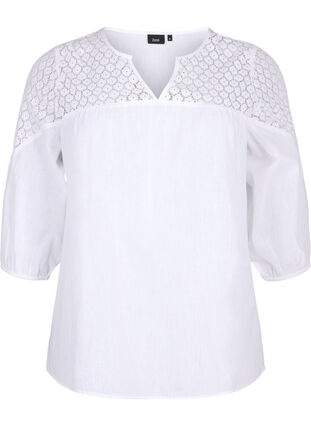 Blus i bomullsblandning med linne och virkade detaljer, Bright White, Packshot image number 0