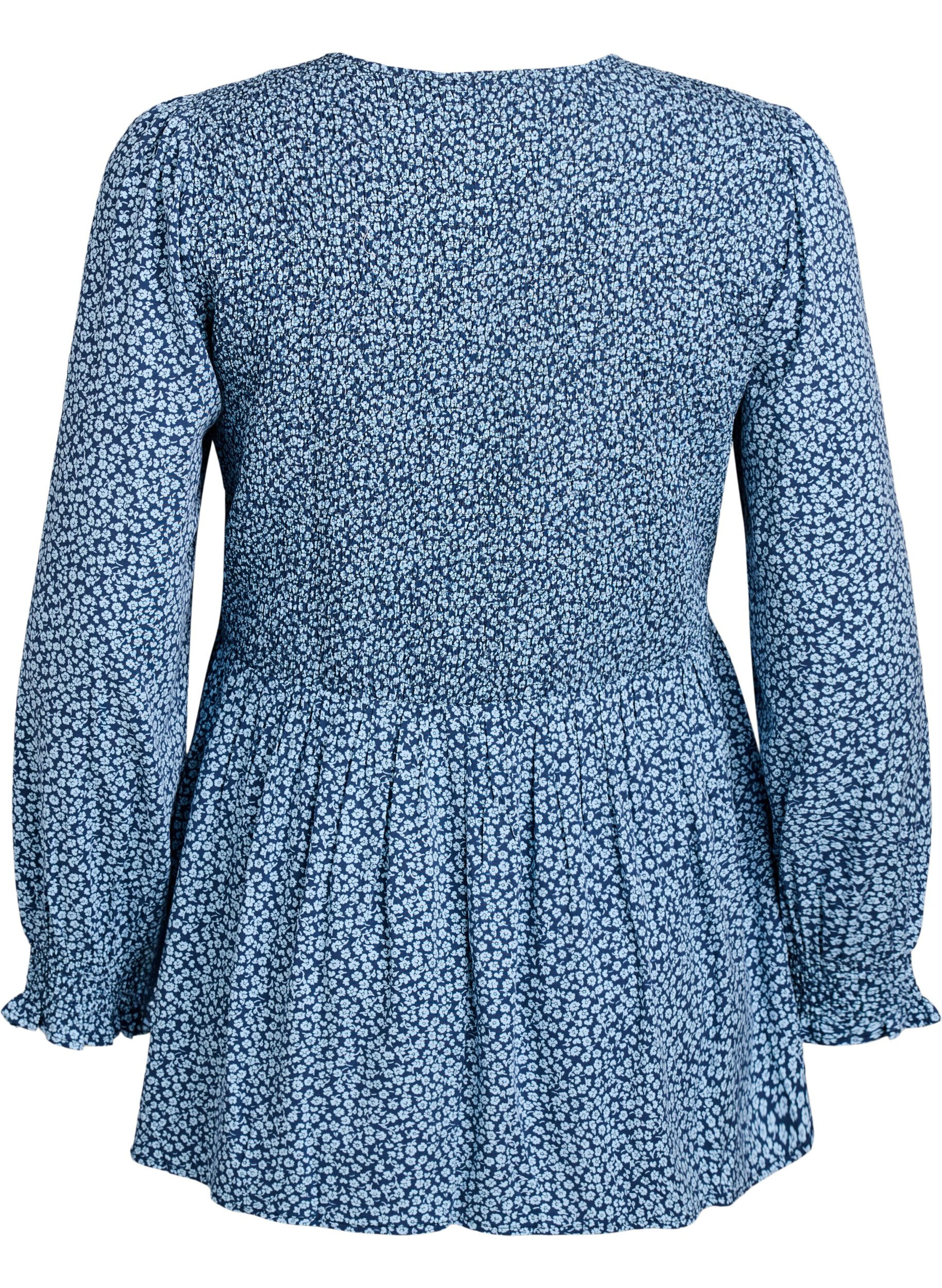 ZizziBlus med smock upptill och blommigt m&ouml;nster, Bl&aring;, Packshot image number 1