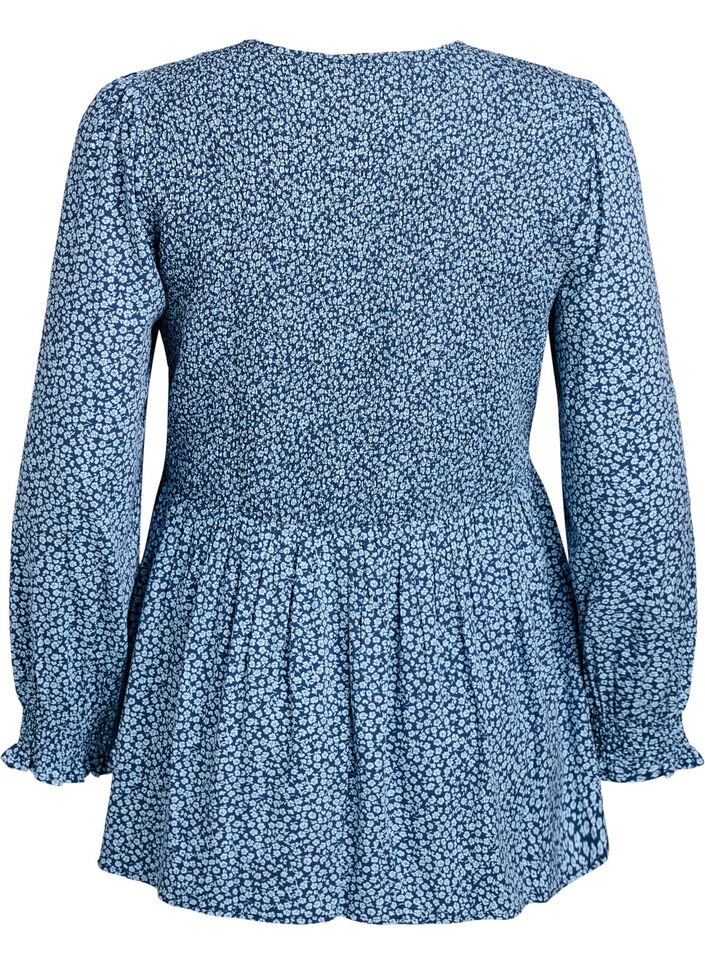 Blus med smock upptill och blommigt m&ouml;nster, Bl&aring;, Packshot image number 1