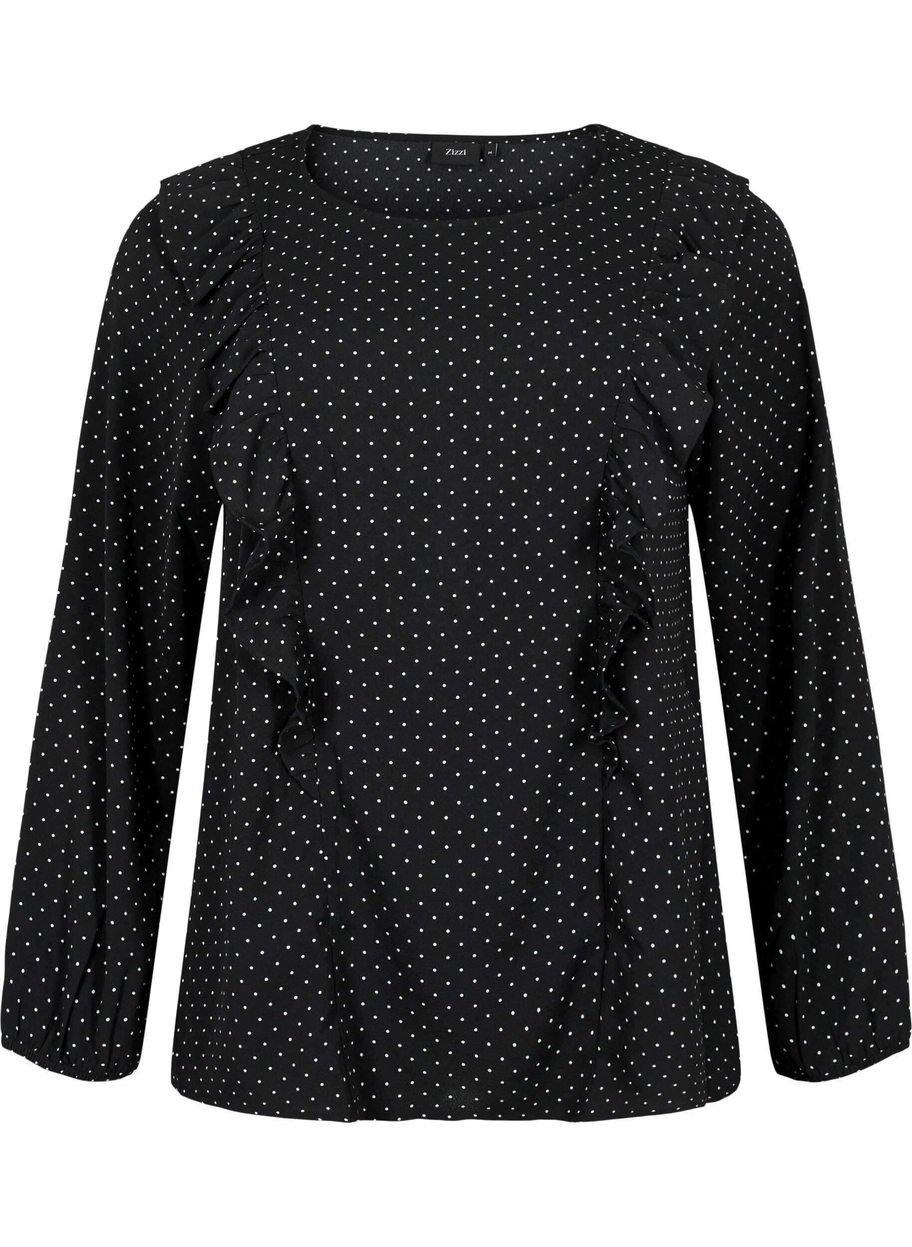 Zizzi L&aring;ng&auml;rmad blus med volanger, Black Dot, Packshot image number 0