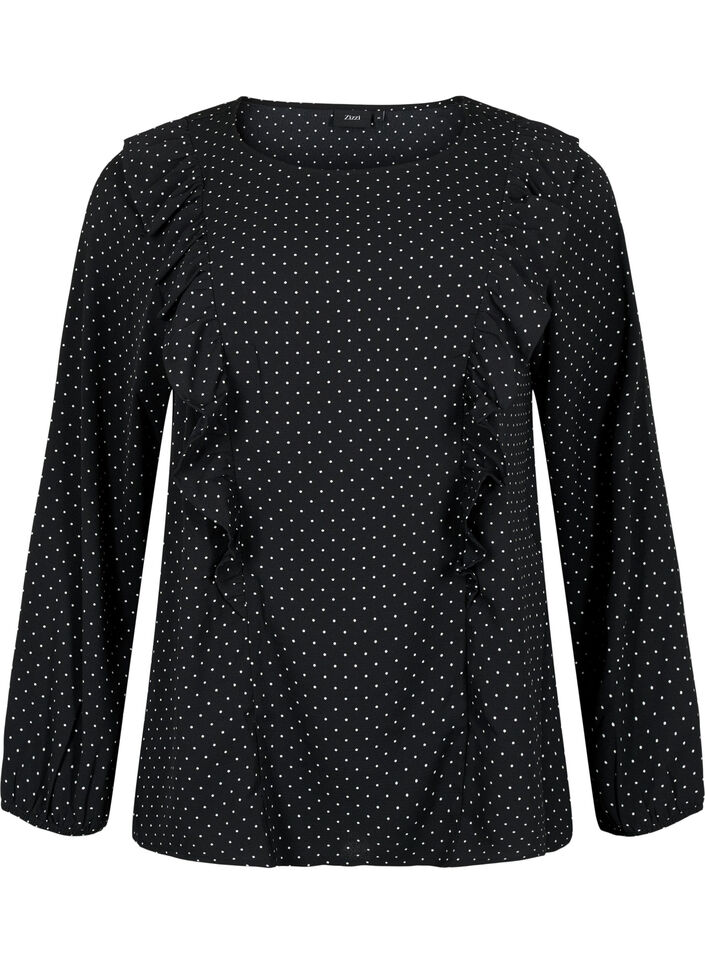 Långärmad blus med volanger, Black Dot, Packshot image number 0