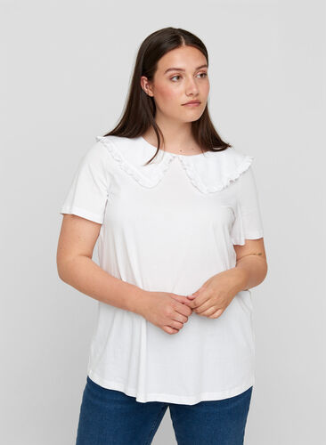 T-shirt i bomull med krage, Bright White, Model image number 0