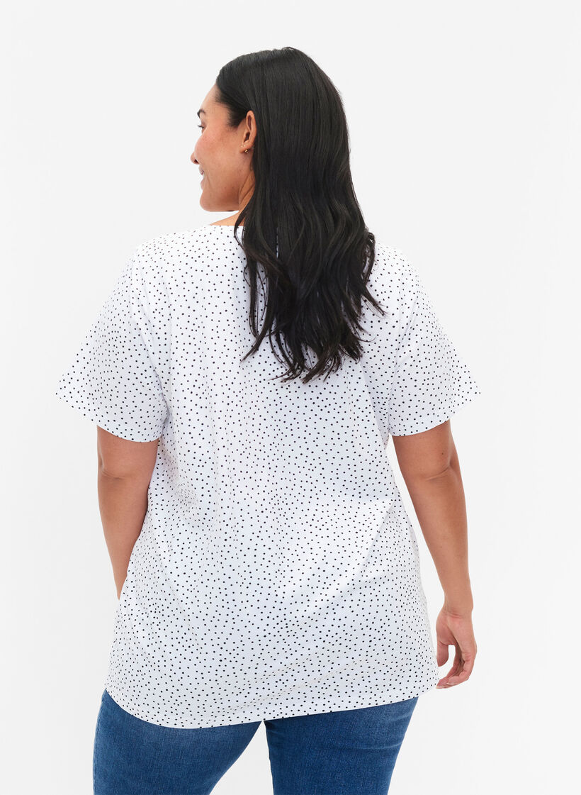 Bomulls t-shirt med prickar och v-ringning, B.White/Black Dot, Model image number 1