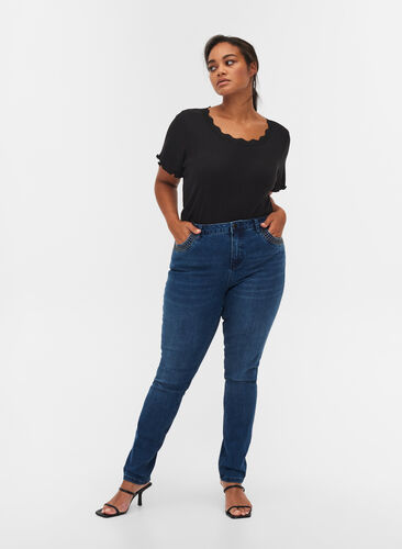 Nille jeans med hög midja och nitar, Medium Blue denim, Model image number 0