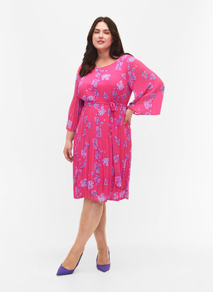 Mönstrad plisserad klänning med knytband, Beetroot Purple AOP, Model image number 2
