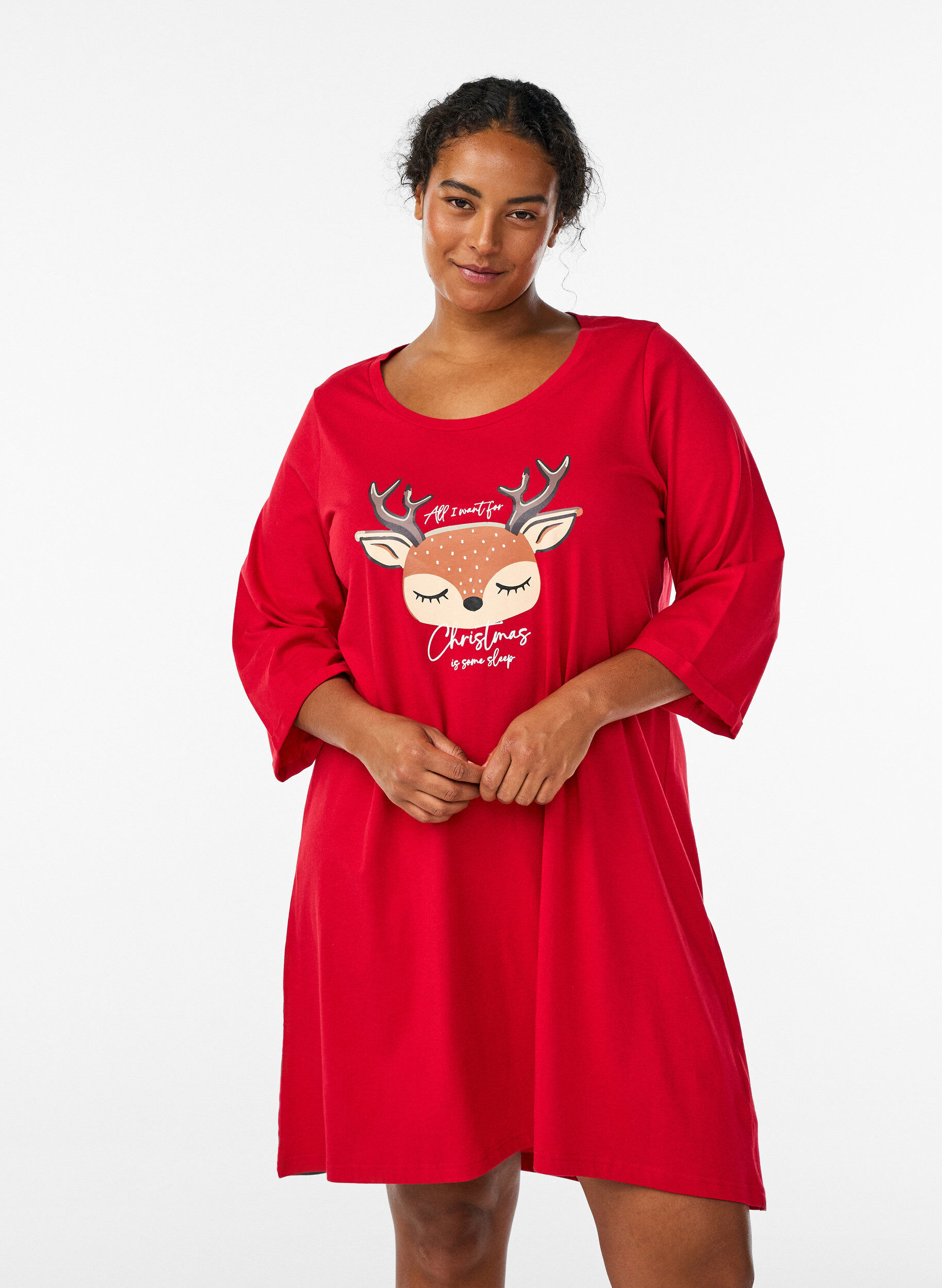ZizziNattlinne i ekologisk bomull med julmotiv, R&ouml;d, Model image number 0