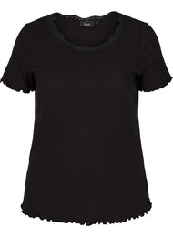 Ribbad t-shirt med spetskant, Black