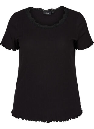 Ribbad t-shirt med spetskant, Black, Packshot image number 0