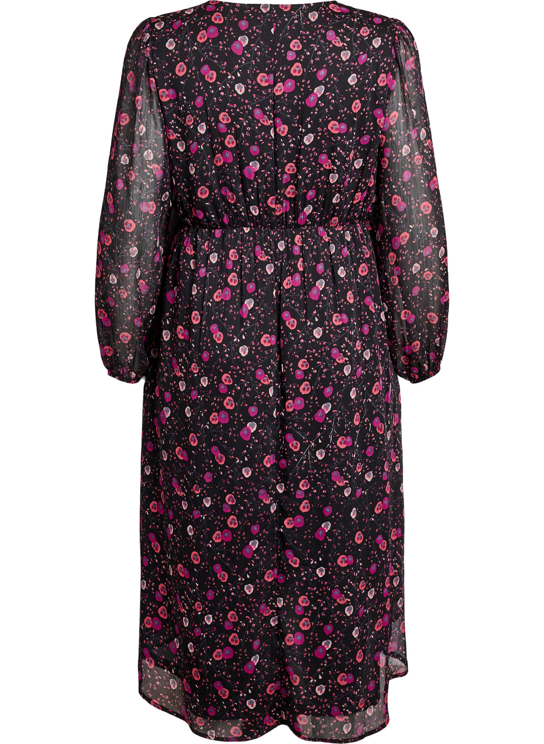 ZizziKl&auml;nning i chiffong med blommigt m&ouml;nster och l&aring;nga &auml;rmar, Svart, Packshot image number 1
