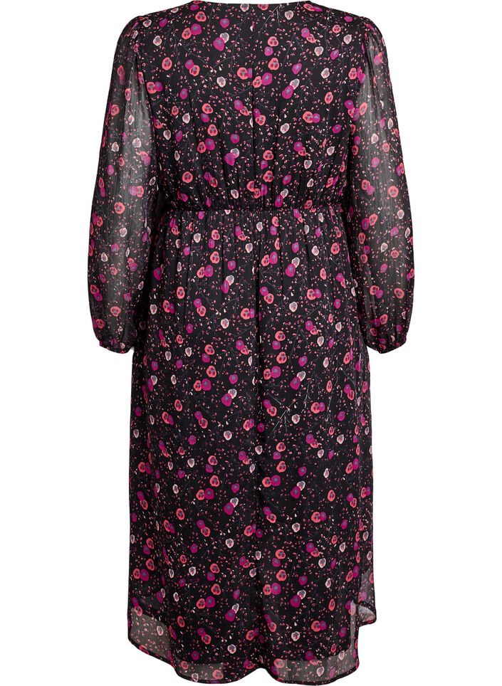 Kl&auml;nning i chiffong med blommigt m&ouml;nster och l&aring;nga &auml;rmar, Svart, Packshot image number 1