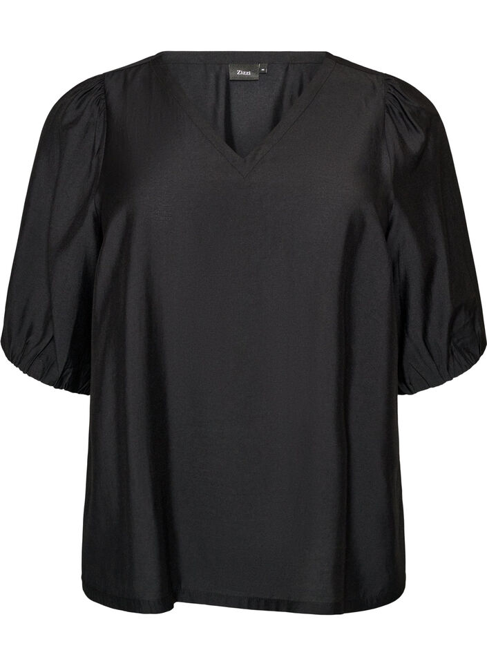 Blus i viskos med v-ringning, Svart, Packshot image number 0