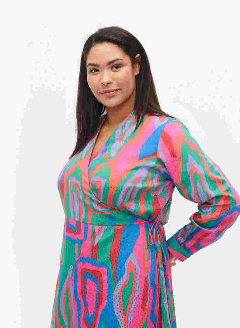 Tryckt omlottklänning med långa ärmar, Colorfull Art Print, Model image number 1