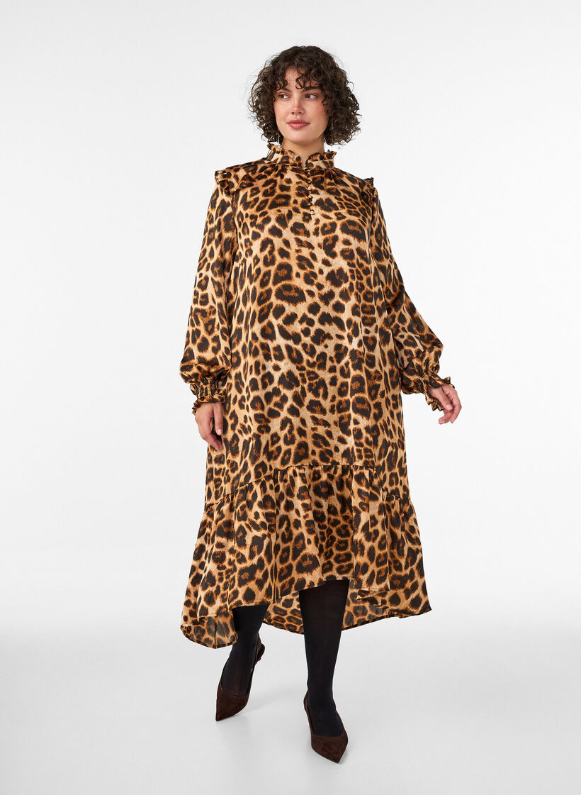 Kl&auml;nning med leopardm&ouml;nster och volangdetaljer, Brun, Model image number 0