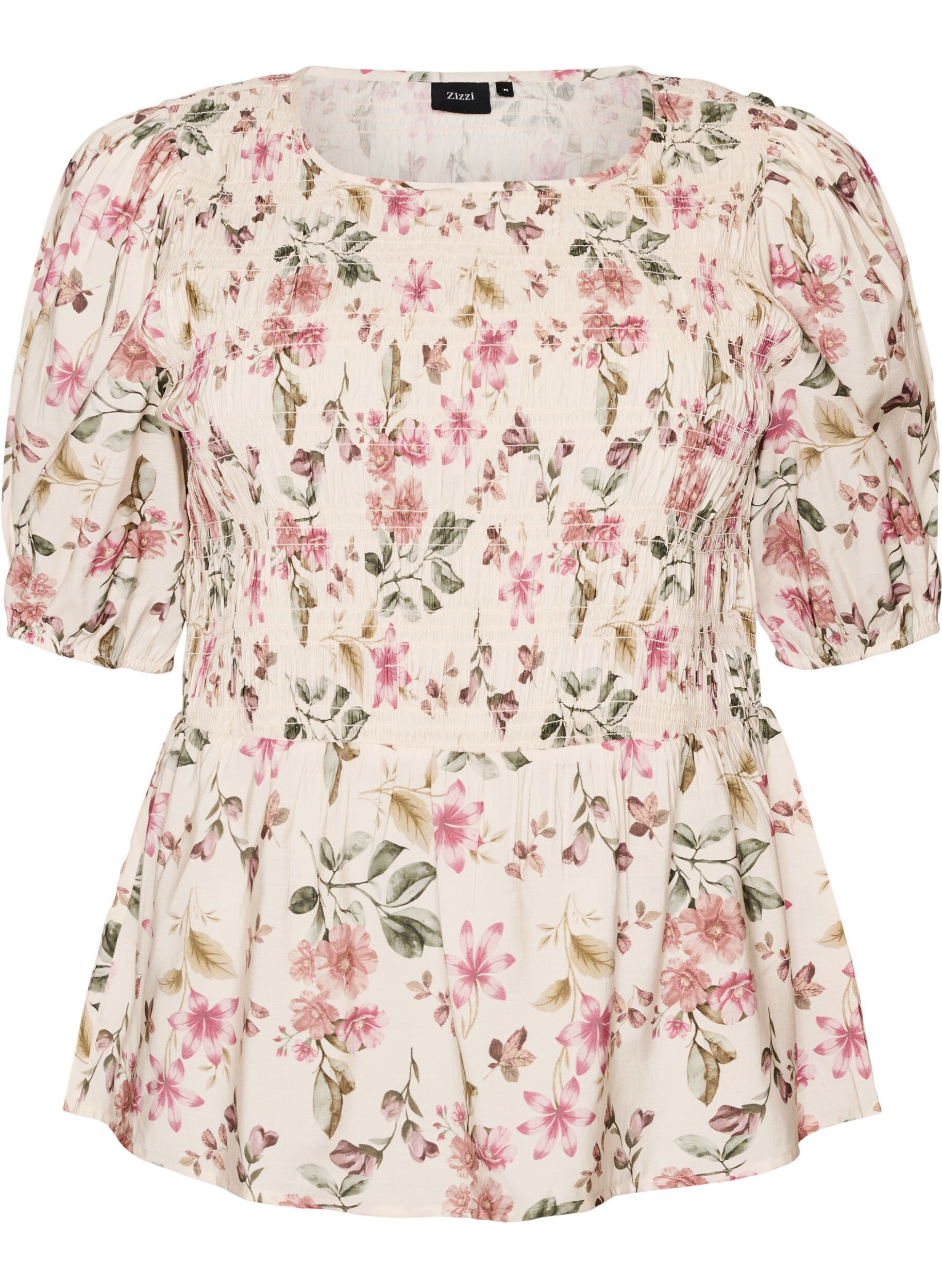 ZizziBlus i viskos med smock och peplumeffekt, Vanilla, Packshot image number 0