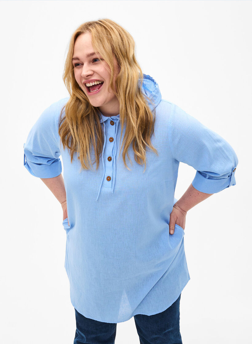 Tunika med huva i bomull och linne, Serenity, Model image number 0