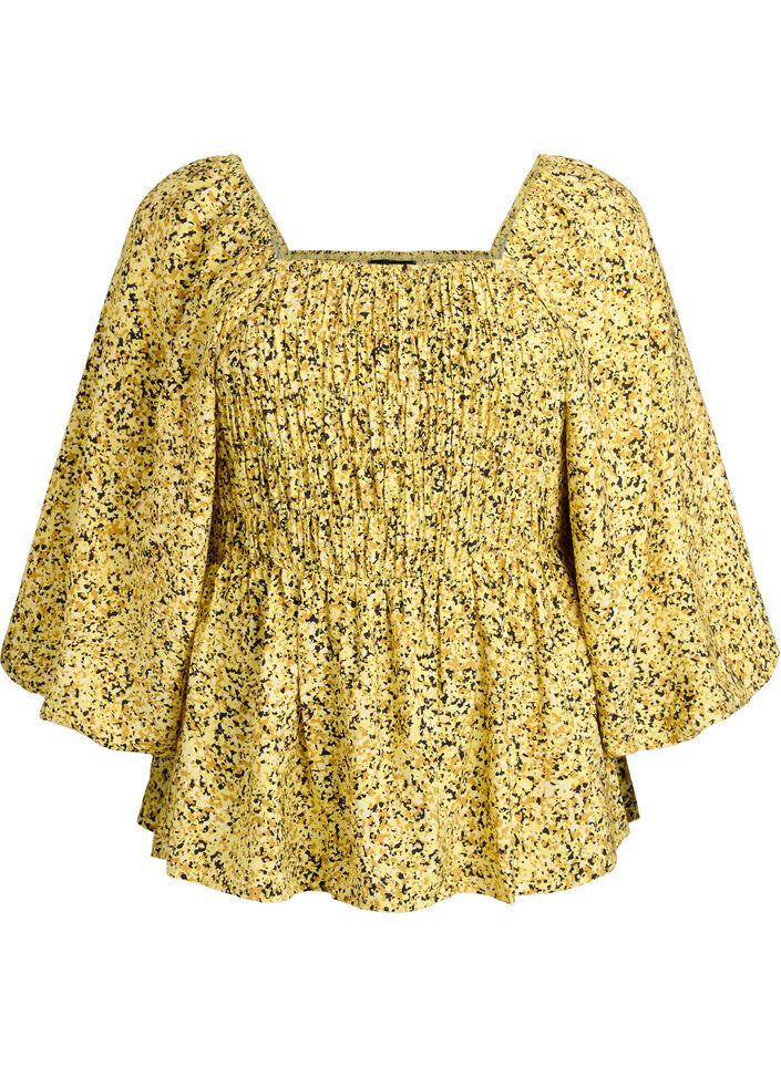 Blus med smock och fyrkantig ringning, Gul, Packshot image number 0