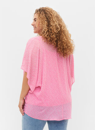 Mönstrad blus med knytband och korta ärmar, Pink Ditzy Flower, Model image number 1
