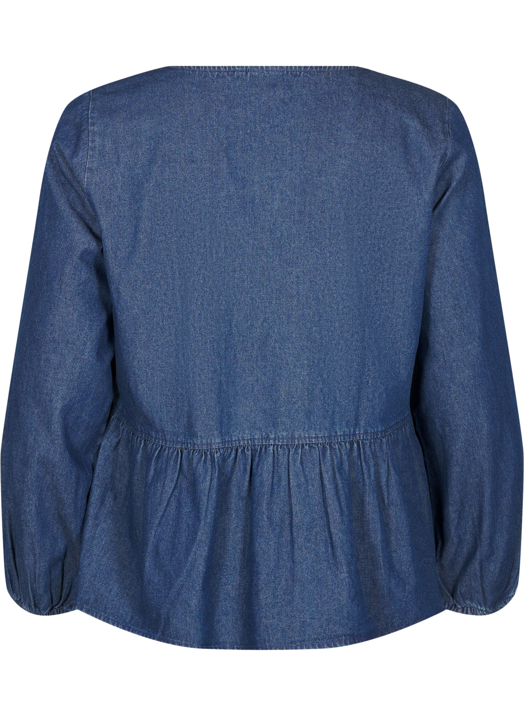 Zizzi Peplum blus i denim med knytband, Bl&aring;, Packshot image number 1