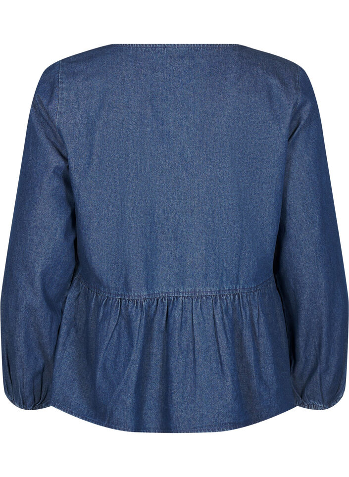 Peplum blus i denim med knytband, Blå, Packshot image number 1