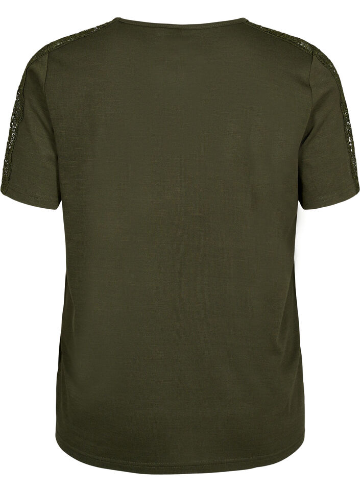 V-ringad blus med korta ärmar och spets, Forest Night, Packshot image number 1