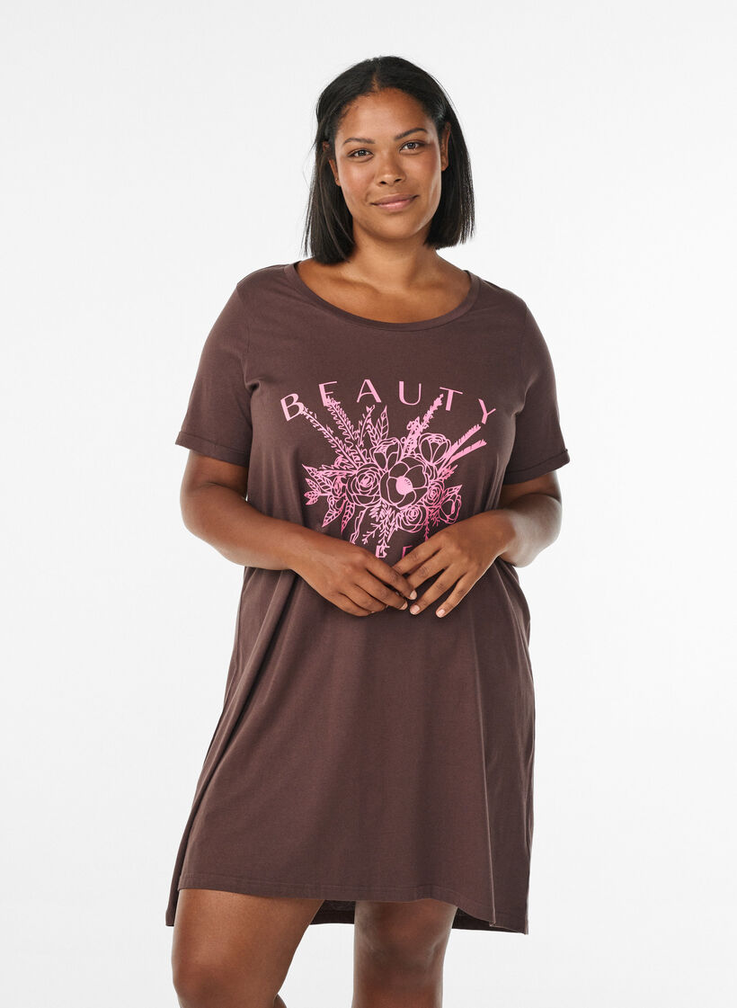 Kort&auml;rmat nattlinne i ekologisk bomull, Brun, Model image number 0
