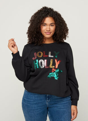 Julsweatshirt med paljetter, Black, Model image number 0