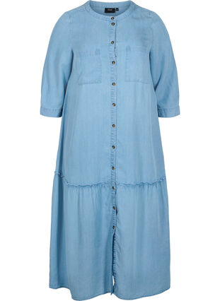Midiklänning med knäppning och 3/4-ärmar, Light blue denim, Packshot image number 0