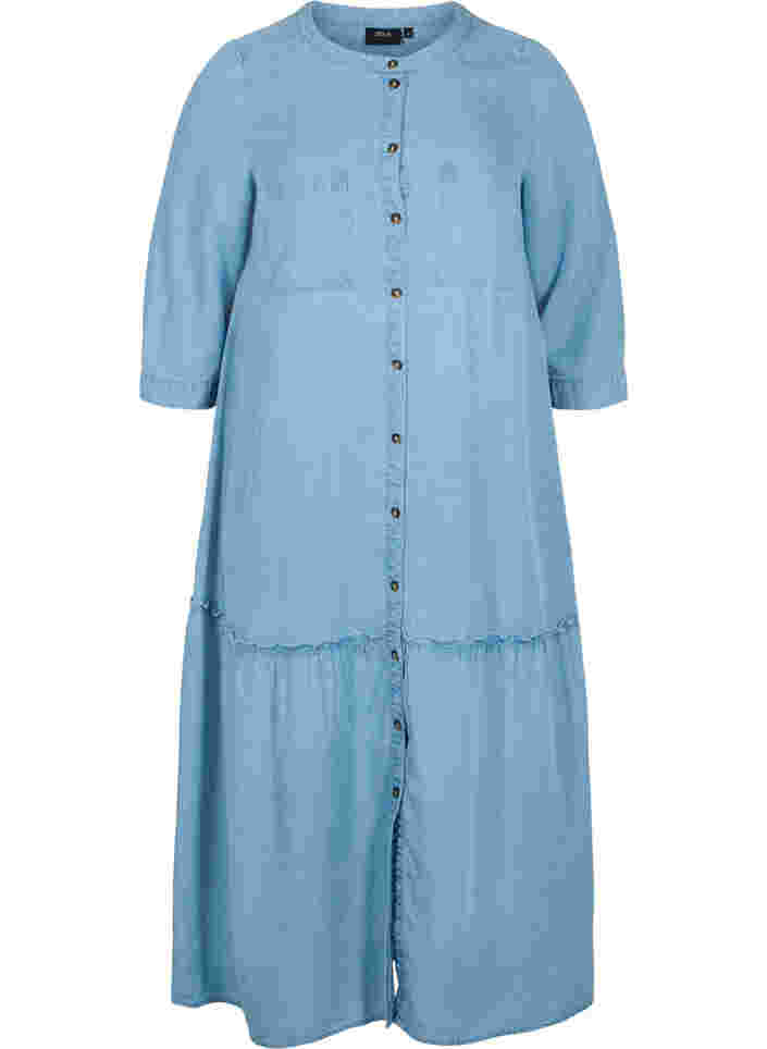 Midiklänning med knäppning och 3/4-ärmar, Light blue denim, Packshot image number 0